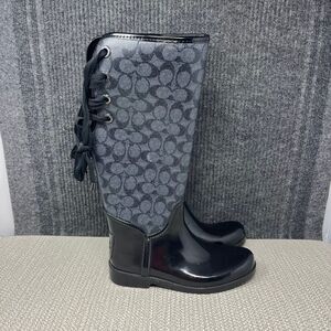 Coach Tristee Tall Rain Boots Rubber Black Signature Print Logo Women’s 7 B